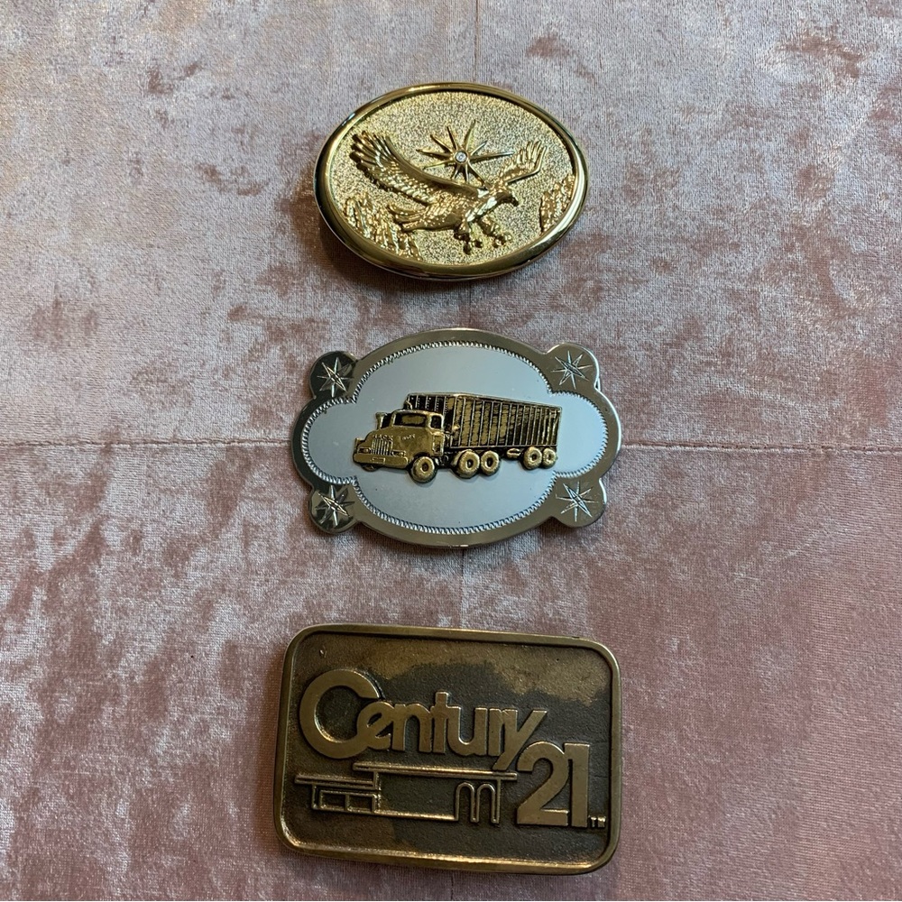 Lot of 3 Metal Vintage Belt Buckles - eagle, big rig, and Century 21